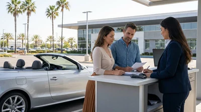 Customer receiving keys at a sunny California car rental counter