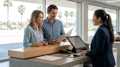 Person handing a credit card to an agent at a car rental counter in California
