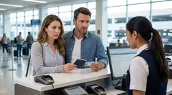 Person handing a passport and driver's license to a clerk at a Pennsylvania car rental desk
