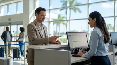 Customer handing a debit card to an agent at a car hire counter in Florida