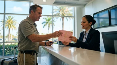 Customer presenting a paper driving licence at a Florida car rental counter