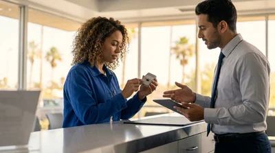 Customer holding a FasTrak Flex toll transponder at a car hire counter in California
