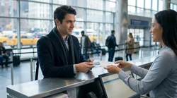 Customer receiving keys from an agent at a car rental desk in New York