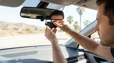 Dash cam mounted on the windshield of a car rental driving along a sunny road in California
