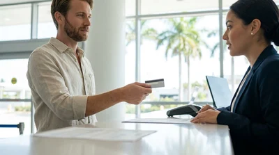 Close-up of a person handing a credit card to an agent at a Miami car hire desk