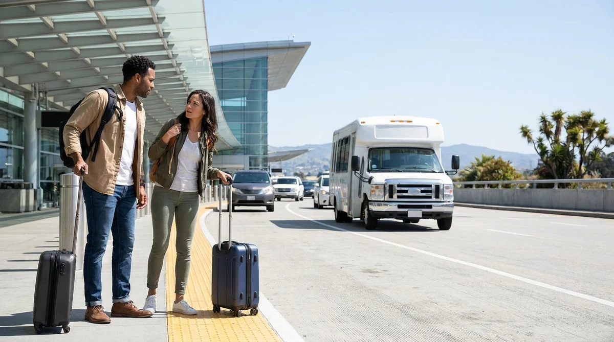 Passengers boarding a white car hire shuttle bus outside the San Francisco airport terminal