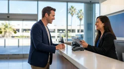 Traveler handing a credit card to an agent at a car rental desk in Los Angeles
