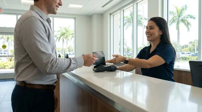 Customer handing a credit card to an agent at a Florida car rental desk