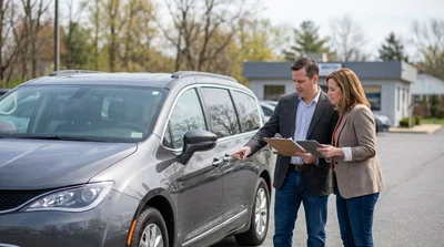 Customer signing car rental agreement papers at a desk in Pennsylvania