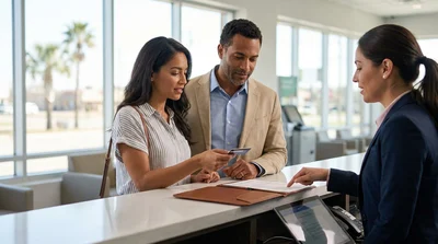 Customer handing a credit card to an agent at a car hire counter in Texas