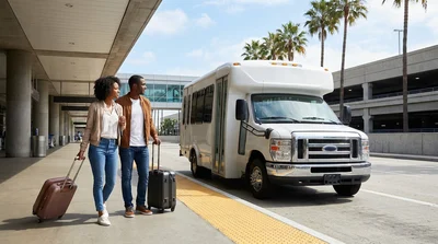 Car rental shuttle bus picking up passengers with luggage outside LAX Terminal 1 in Los Angeles