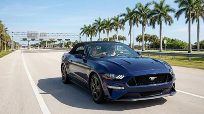Smartphone displaying a map app mounted on the dashboard of a car rental driving along a sunny Florida highway