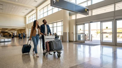 Travelers with luggage boarding a car hire shuttle outside the airport terminal in Las Vegas