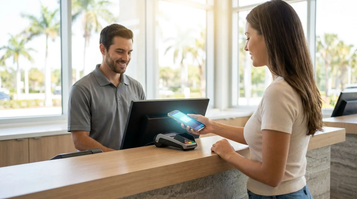 Person tapping a smartphone on a payment terminal at a car rental counter in Florida