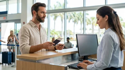 Customer showing ID and booking documents at a car rental desk in Florida