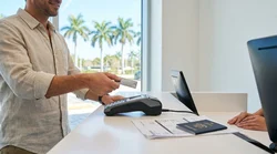 Close up of a customer handing a credit card to an agent at a Miami car rental desk