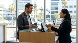 Customer handing a debit card to an agent at a car hire counter in Los Angeles