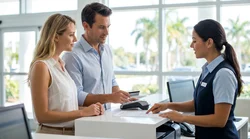 Customer handing a credit card to an agent at a Florida car hire desk