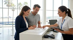Close up of hands holding a pen over a car hire agreement at a sunny desk in Florida