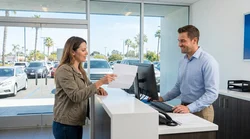 Person holding car keys and a paper document at a car rental counter in California