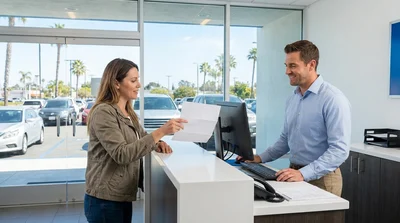 Person holding car keys and a paper document at a car rental counter in California