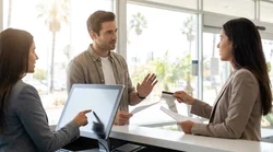Customer reviewing paperwork at a car hire counter in a brightly lit California airport