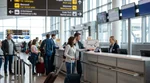 Travelers with luggage waiting at a shared car rental counter inside a New York airport terminal