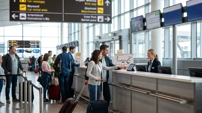 Travelers with luggage waiting at a shared car rental counter inside a New York airport terminal