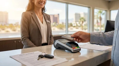 Customer tapping a contactless credit card on a payment terminal at a Las Vegas car hire desk