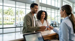 Close-up of a person paying with a credit card at a car hire counter in Florida