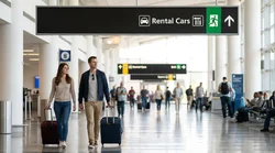 Traveler pulling a suitcase towards the brightly lit car rental counters inside the Orlando airport terminal