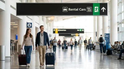 Traveler pulling a suitcase towards the brightly lit car rental counters inside the Orlando airport terminal