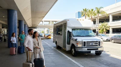 Passengers with luggage boarding a car rental shuttle outside LAX Terminal 5 in Los Angeles