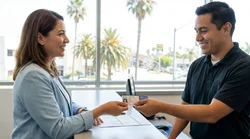 Driver holding keys next to a modern car rental vehicle parked on a sunny California coastal road