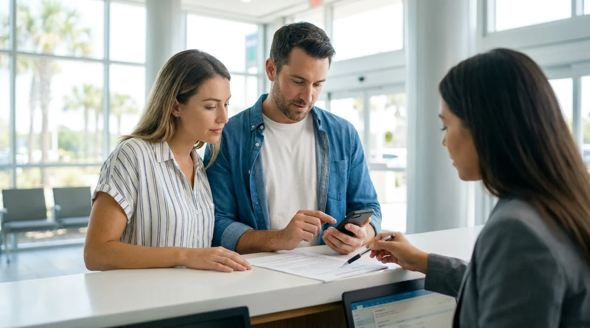 Customer reading a car hire document at a service desk inside an Orlando office