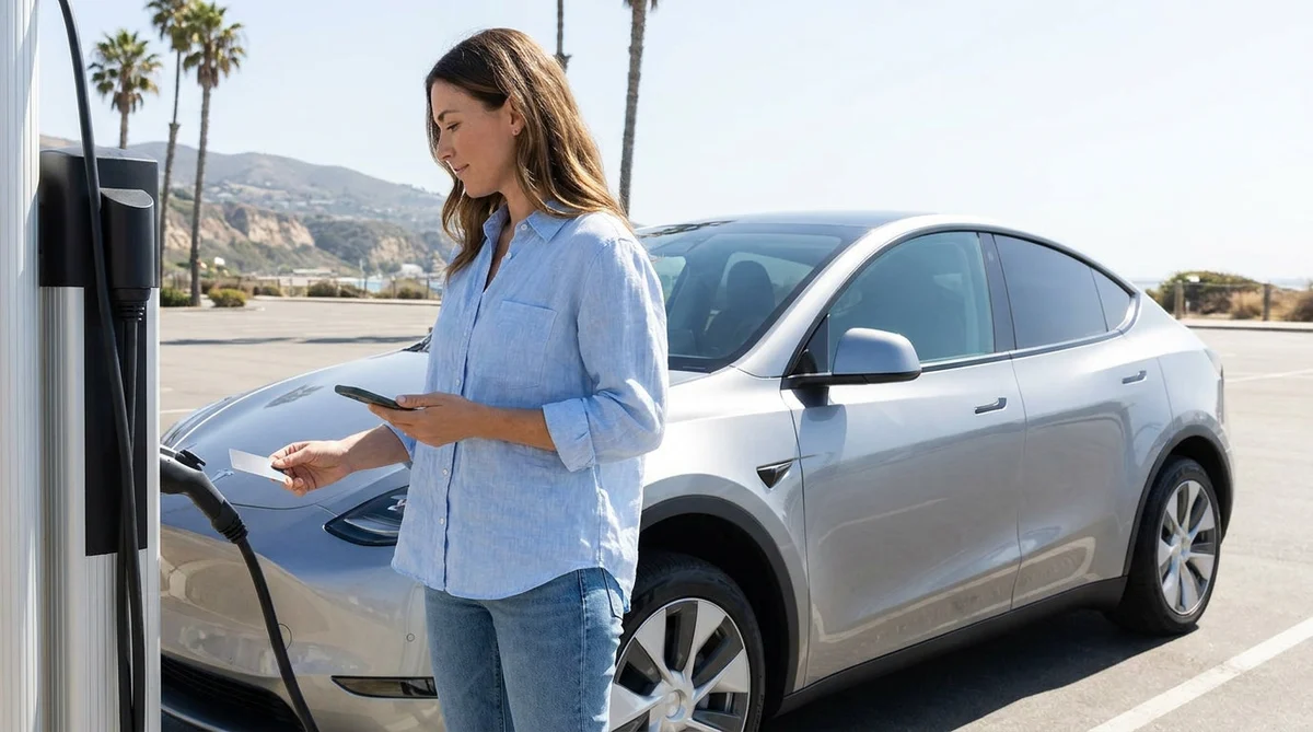 Hand tapping an RFID card on a charging station next to an electric car rental in sunny California
