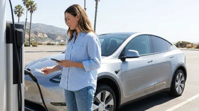 Hand tapping an RFID card on a charging station next to an electric car rental in sunny California