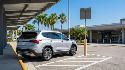 Silver car rental driving on a scenic coastal highway with palm trees in Florida