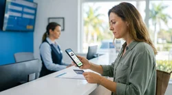 Customer signing a document at a car hire counter in a sunny Florida airport