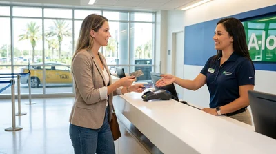 Person handing a credit card to a customer service agent at a car rental counter in Orlando