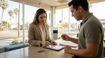 Person reading a car rental agreement at a service counter in California