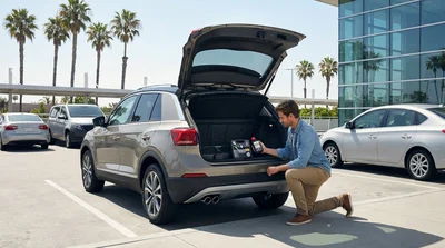 Open trunk of a car rental revealing a spare tyre and inflator kit on a sunny street in Los Angeles