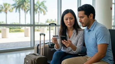 Traveler handing a credit card to an agent at a car rental desk in Orlando