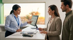 Customer handing a credit card to an agent at a car hire desk in Texas
