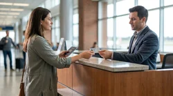 Customer handing an ID and credit card to an agent at a car rental counter in Pennsylvania