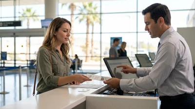 Traveler handing printed documents to a clerk at a Las Vegas car hire desk