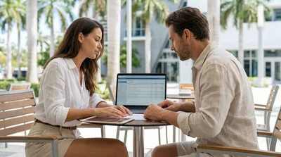 Customer reviewing paperwork at a car rental desk with the Miami skyline in the window