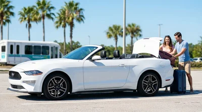 Row of modern vehicles available for car hire parked outside an Orlando airport terminal