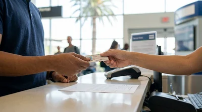Close up of hands passing a credit card at a car hire counter in California