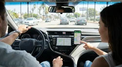 Smartphone displaying a map mounted on the dashboard of a car rental in Los Angeles